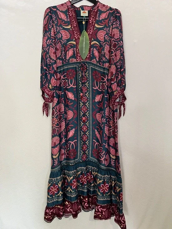 NWT Farm Rio Medium Seashell Floral Teal Boho Flowy Tapestry Maxi Light Dress - Picture 2 of 15